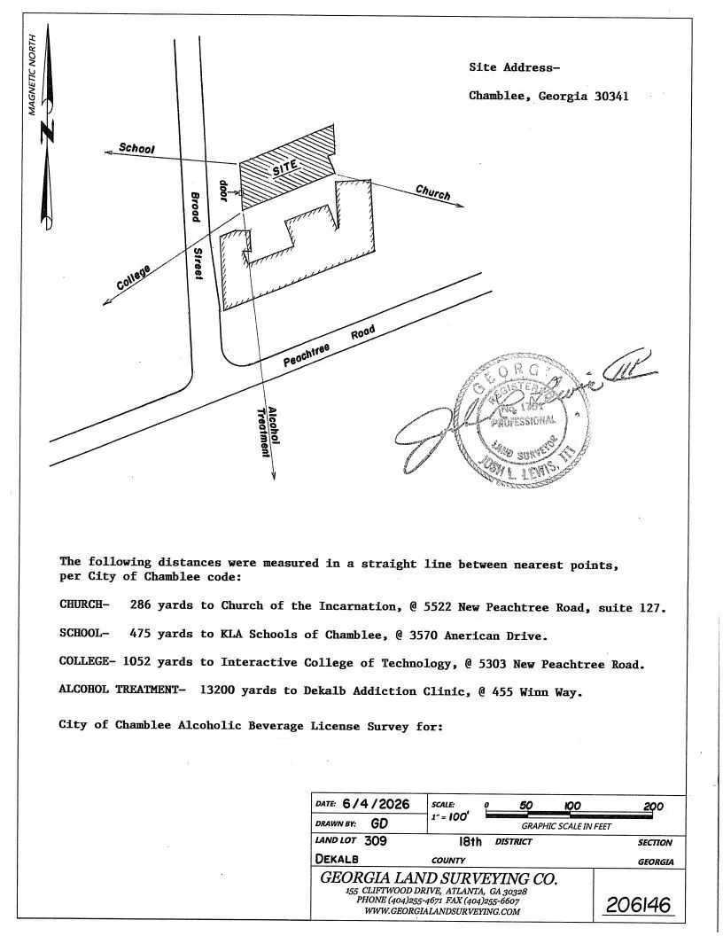 Alcoholic beverage license survey prepared for the City of Chamblee, showing straight-line distances to the nearest church, school, and college