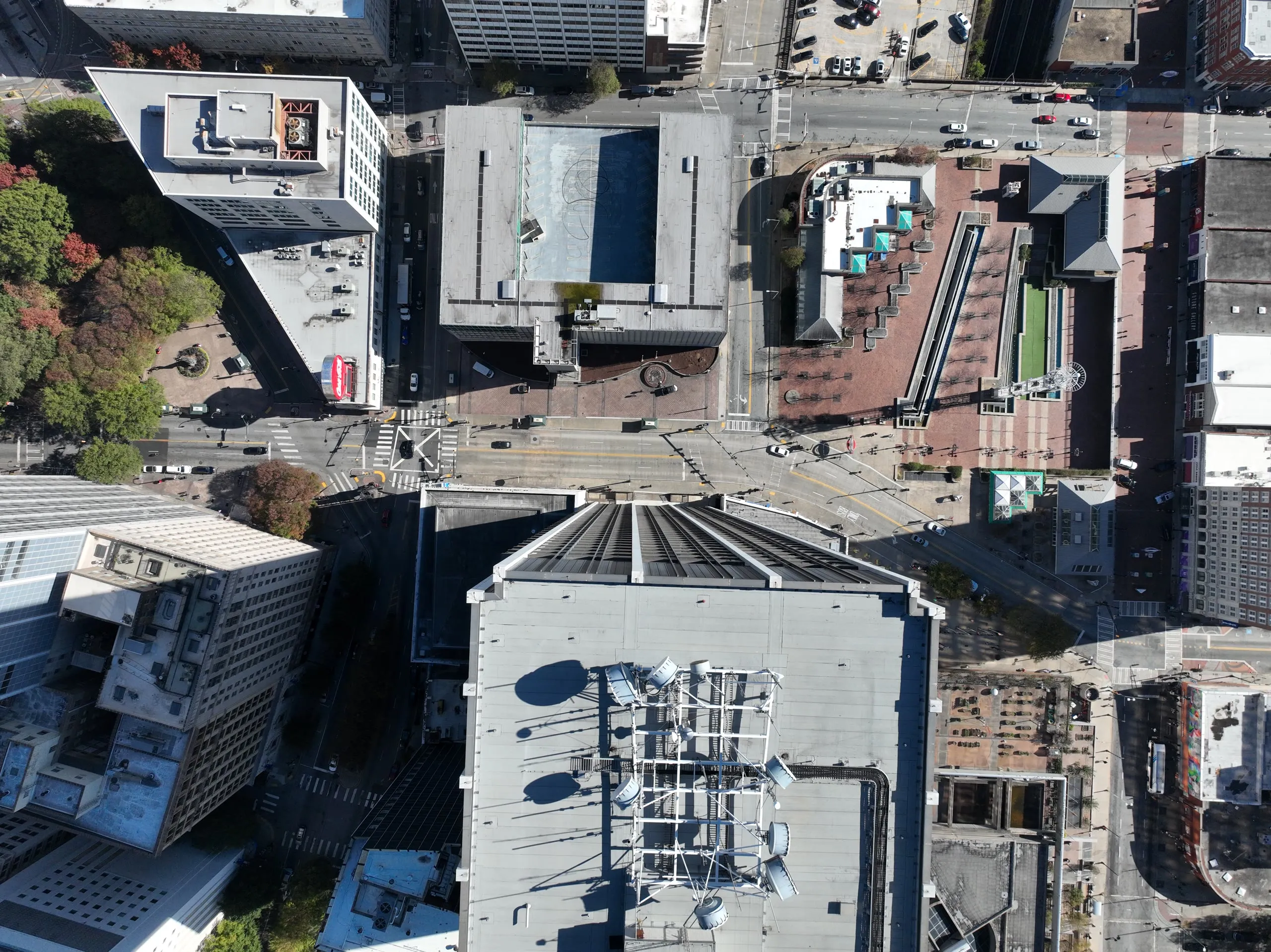 Aerial survey view of a dense downtown Atlanta commercial district