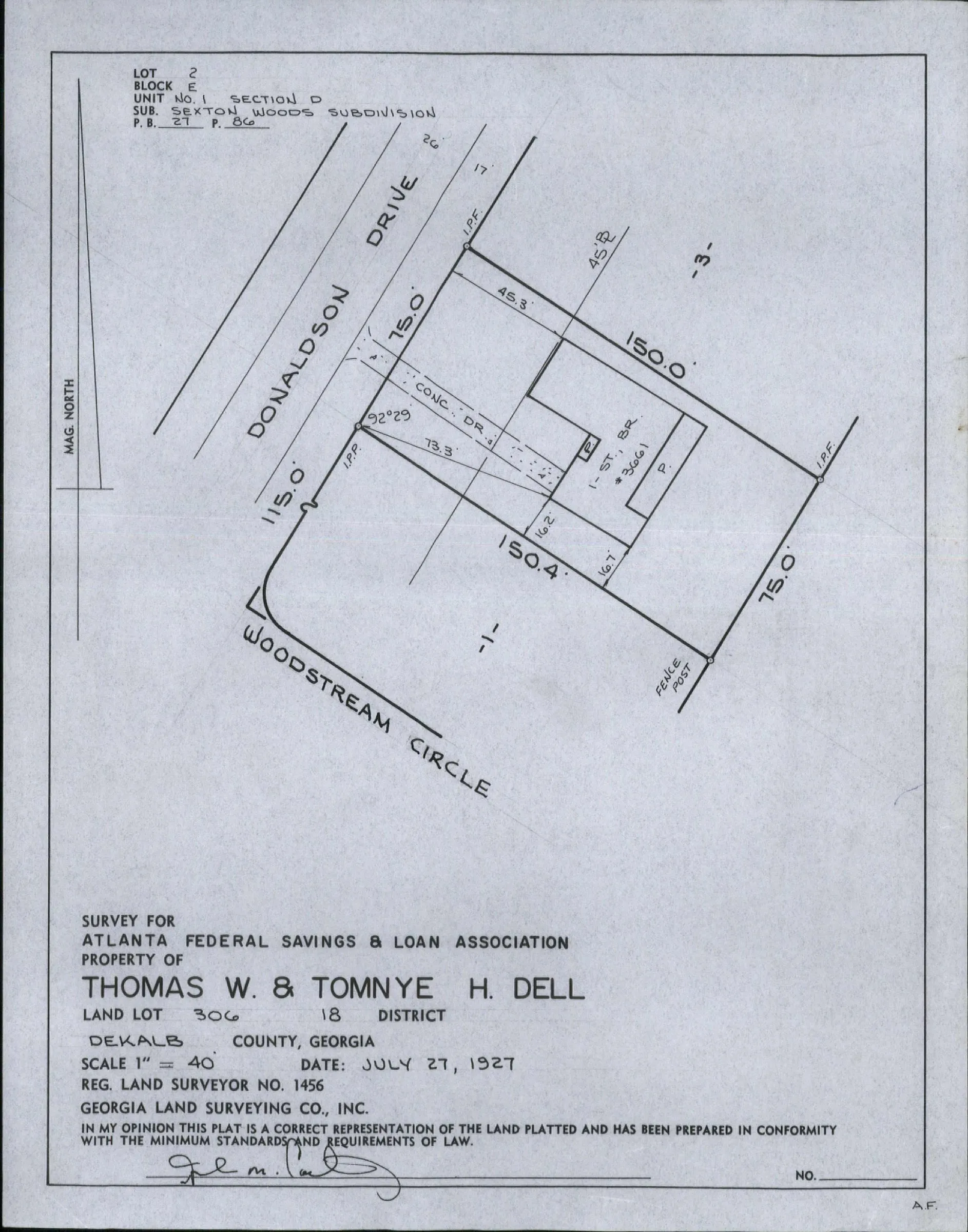 A hand-drafted residential survey from the Georgia Land Surveying archive, showing a DeKalb County lot