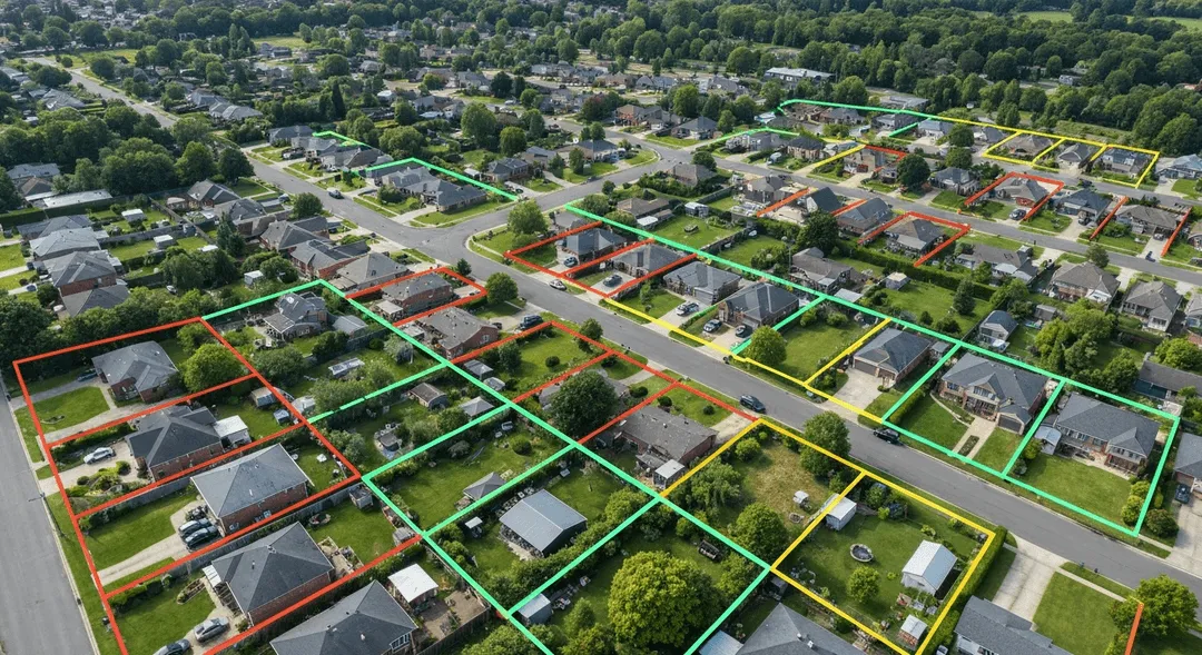 Aerial view of a residential subdivision with surveyed property boundary lines overlaid