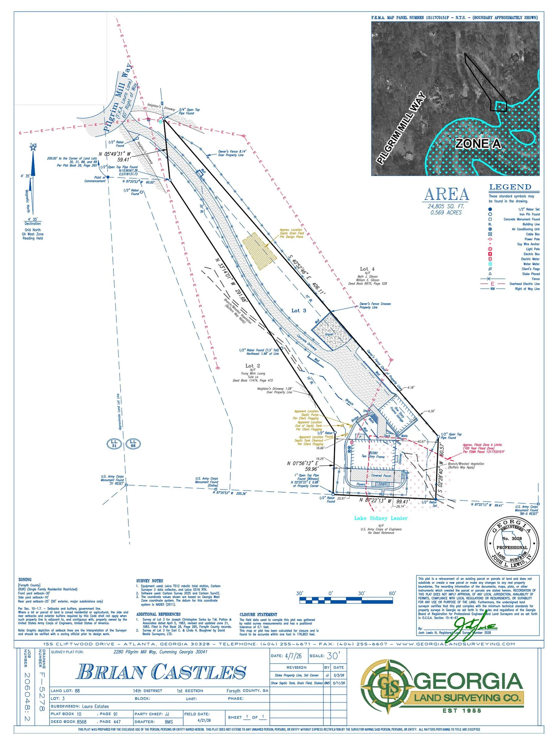 Signed residential boundary survey of a wooded flag lot with a flood zone mapped