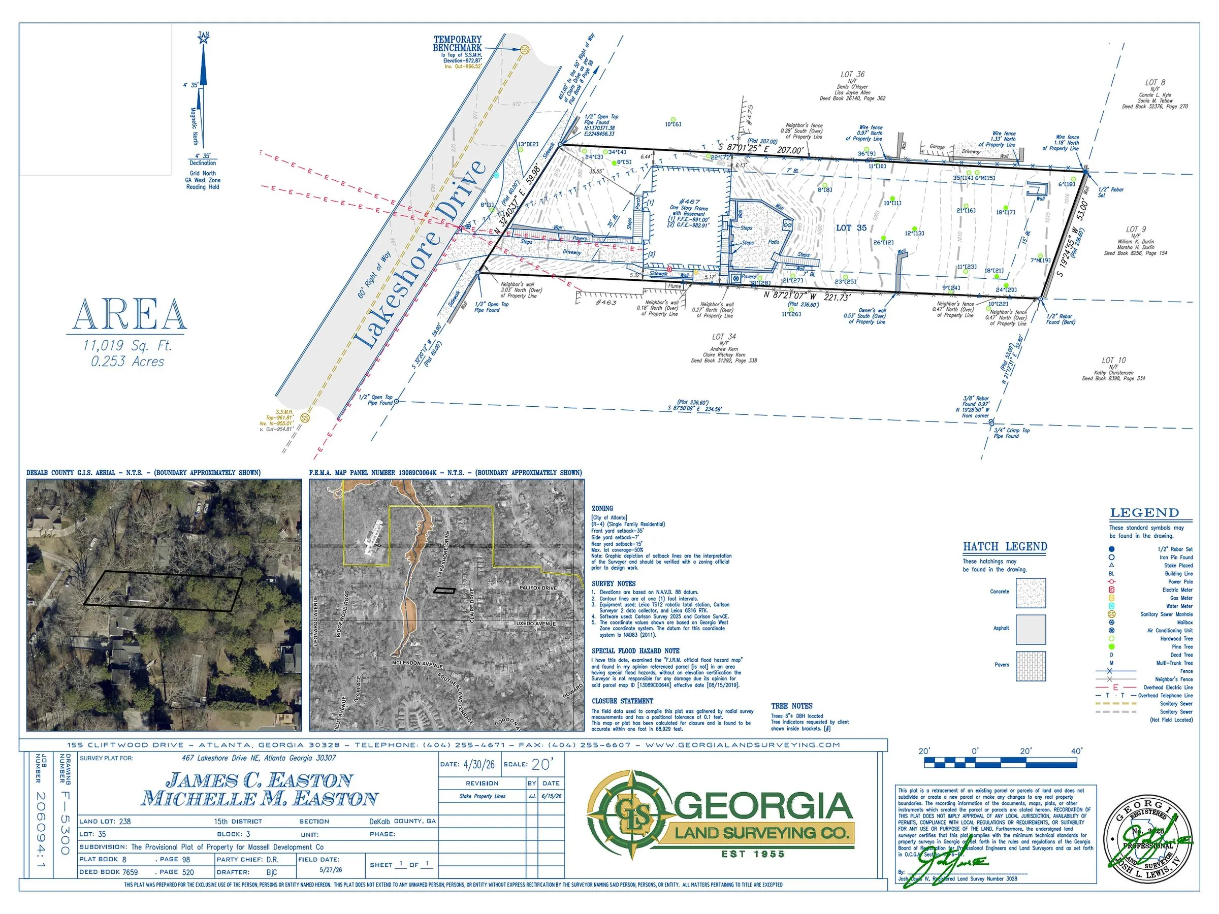 Signed residential topographic and tree survey with aerial imagery insets