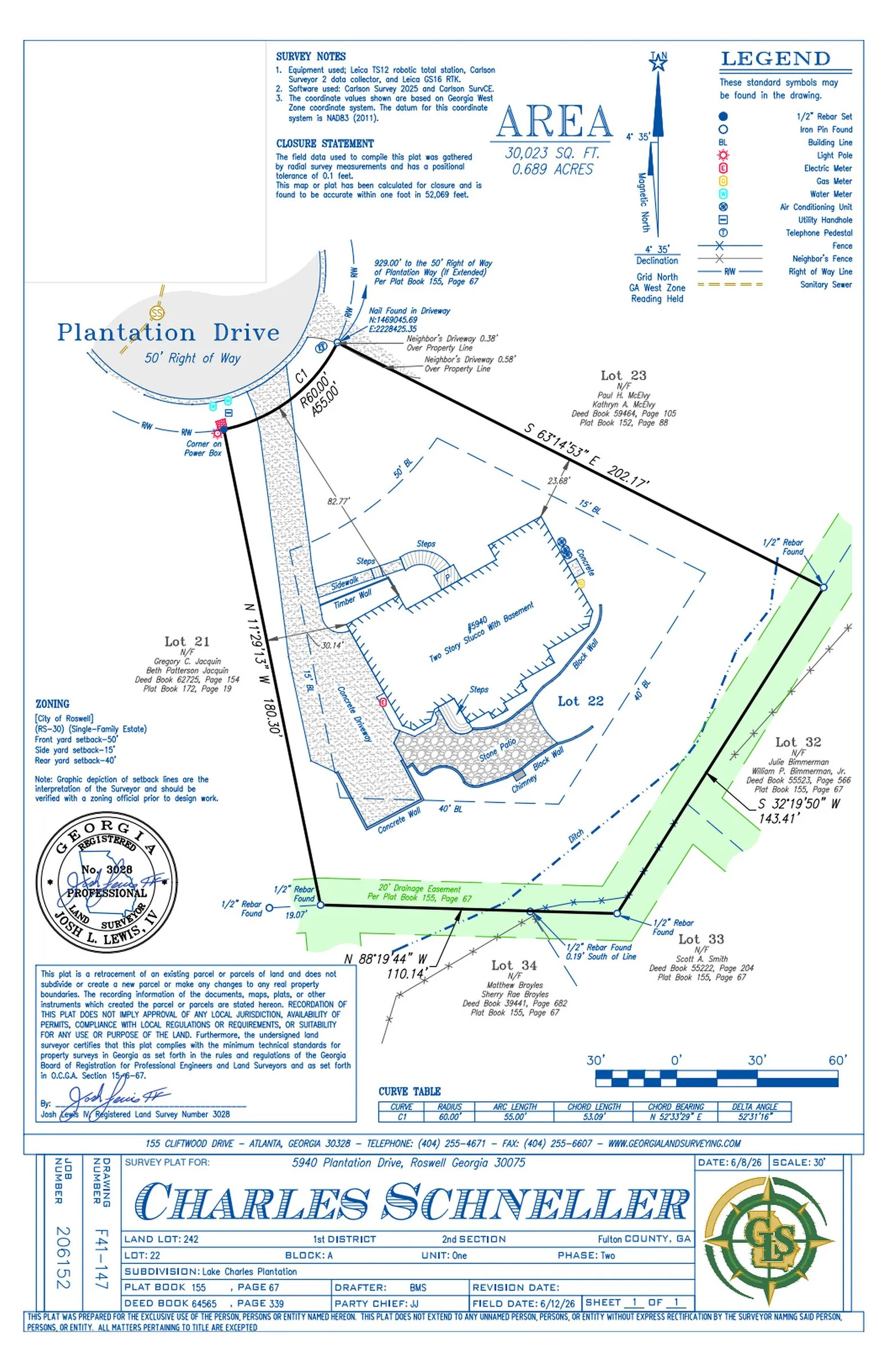Signed residential boundary survey of a subdivision lot on Plantation Drive in Roswell